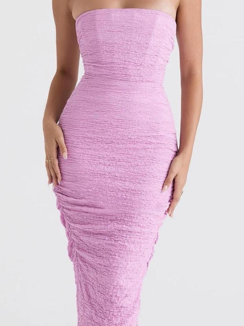 House of CB Strapless Ruched Midi Dress in Lavender Pink